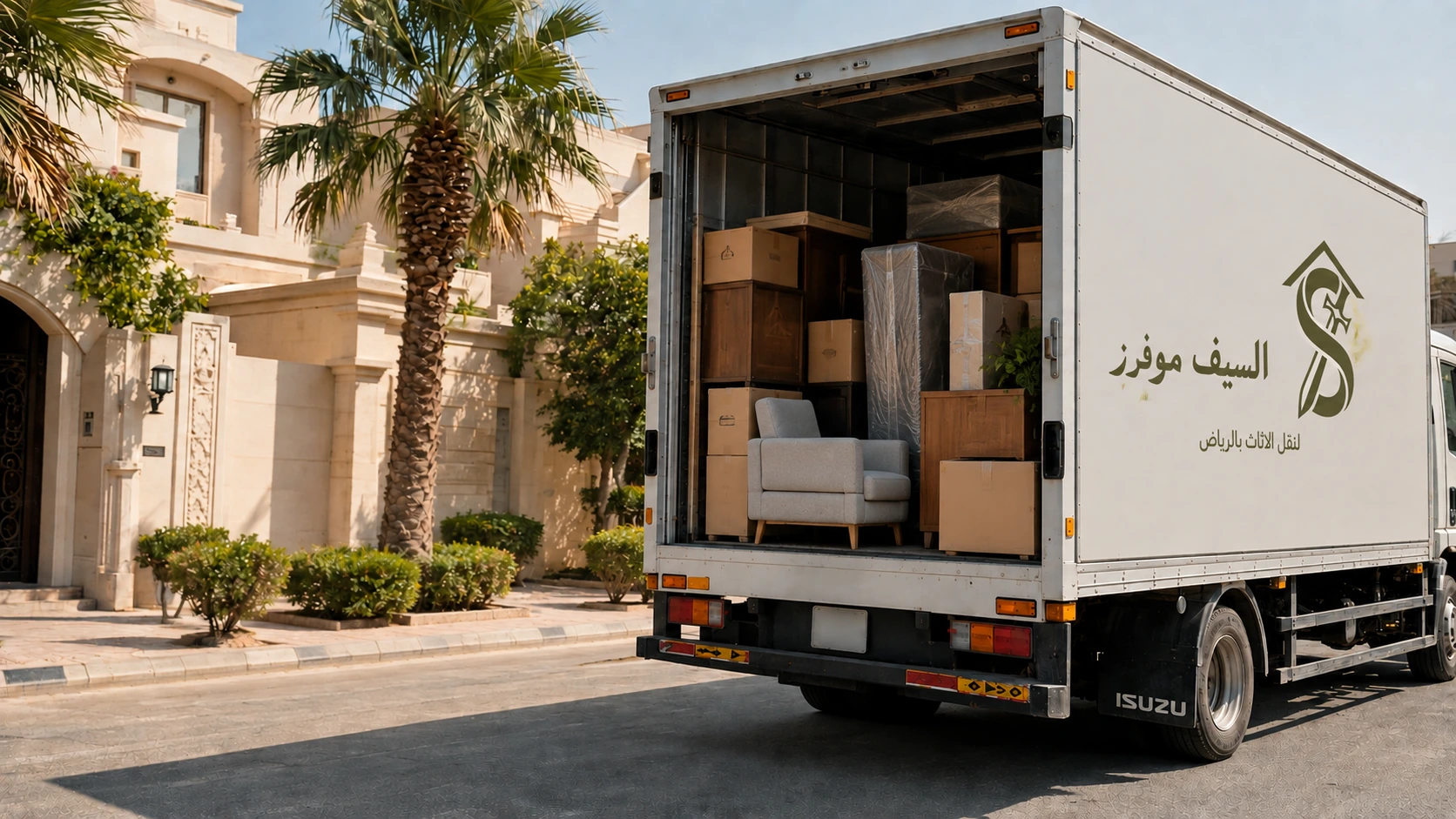 شاحنة نقل عفش مجهزة ومحمّلة بالأثاث تابعة لشركة سيف موفرز أمام منزل في الرياض
